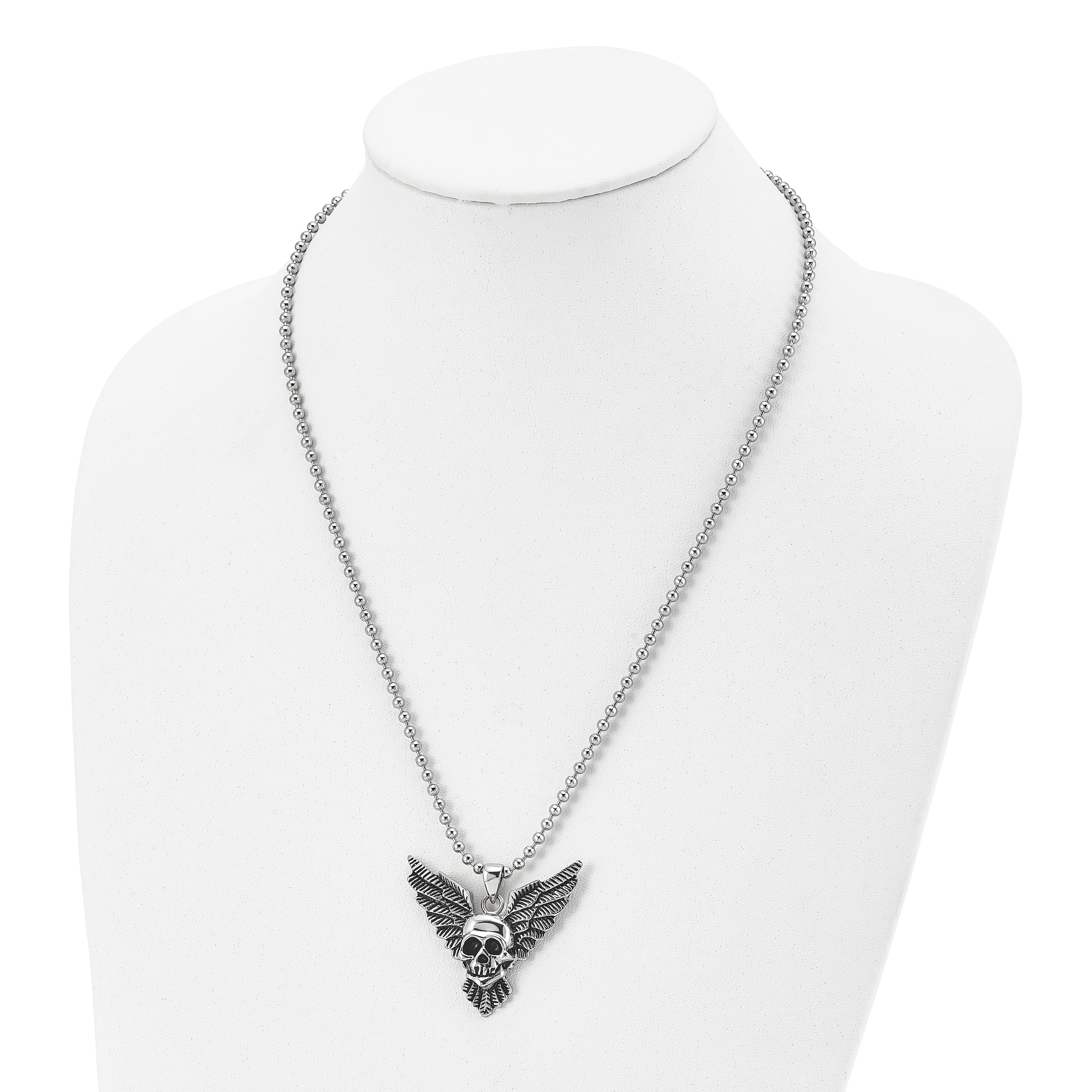 Chisel Stainless Steel Antiqued and Polished Skull with Wings Pendant on a 22 inch Ball Chain Necklace