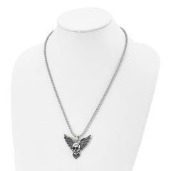 Chisel Stainless Steel Antiqued and Polished Skull with Wings Pendant on a 22 inch Ball Chain Necklace