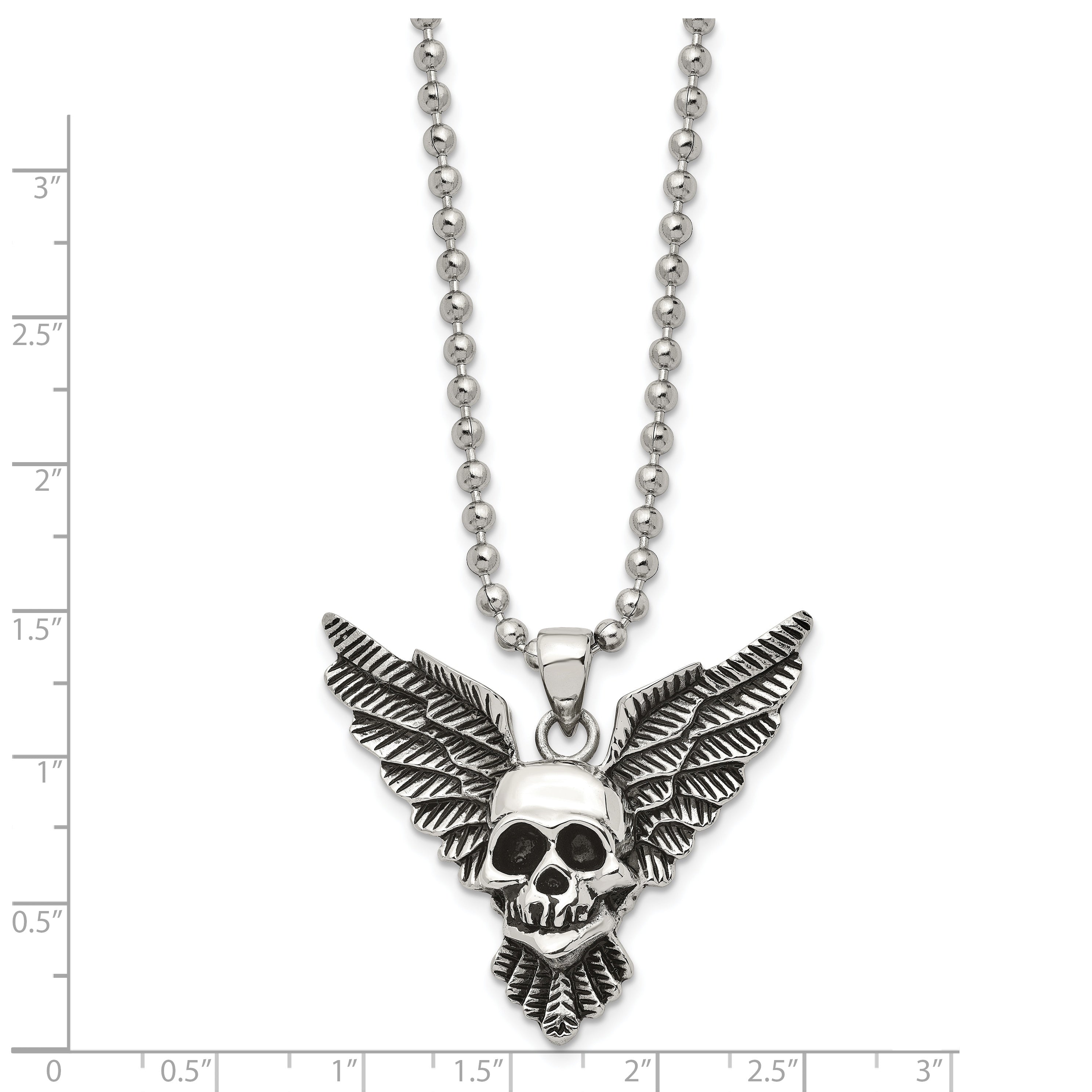 Chisel Stainless Steel Antiqued and Polished Skull with Wings Pendant on a 22 inch Ball Chain Necklace