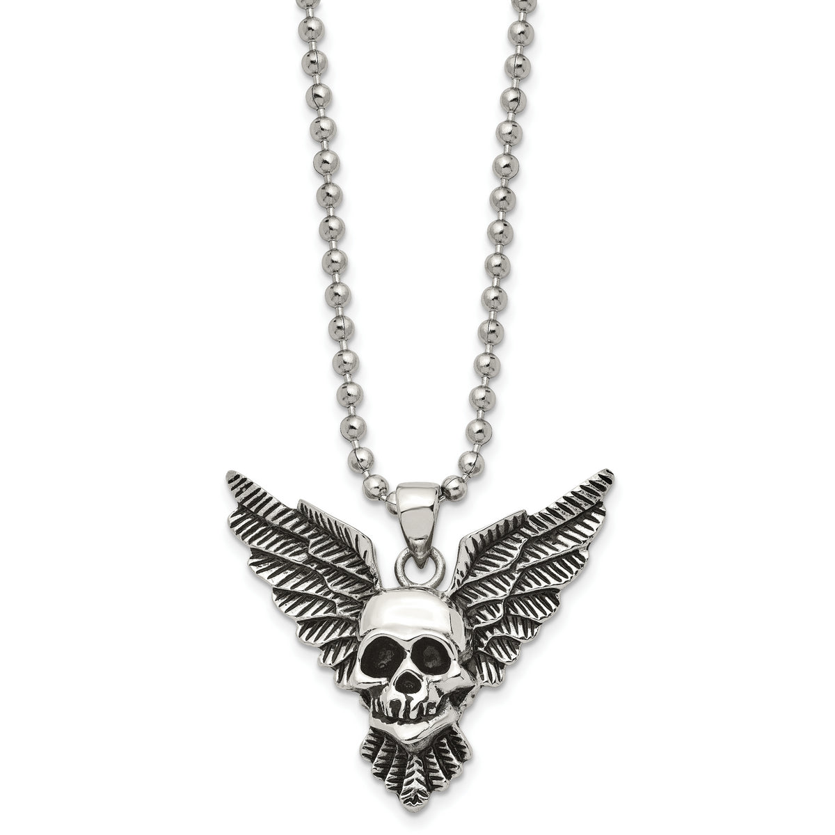 Chisel Stainless Steel Antiqued and Polished Skull with Wings Pendant on a 22 inch Ball Chain Necklace