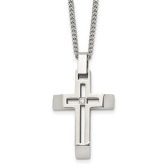 Chisel Stainless Steel Brushed and Polished with CZ Open Cross Pendant on a 22 inch Cable Chain Necklace