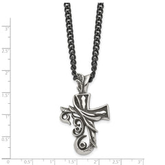 Chisel Stainless Steel Antiqued and Polished Fancy Cross Pendnat on a 20 inch Curb Chain Necklace