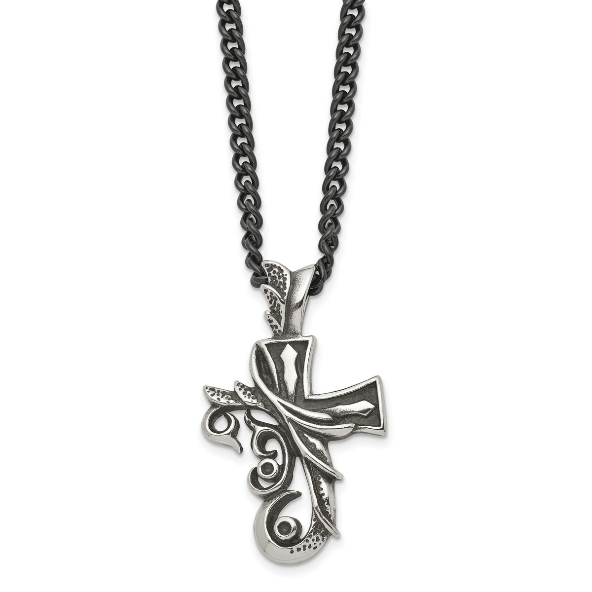 Chisel Stainless Steel Antiqued and Polished Fancy Cross Pendnat on a 20 inch Curb Chain Necklace