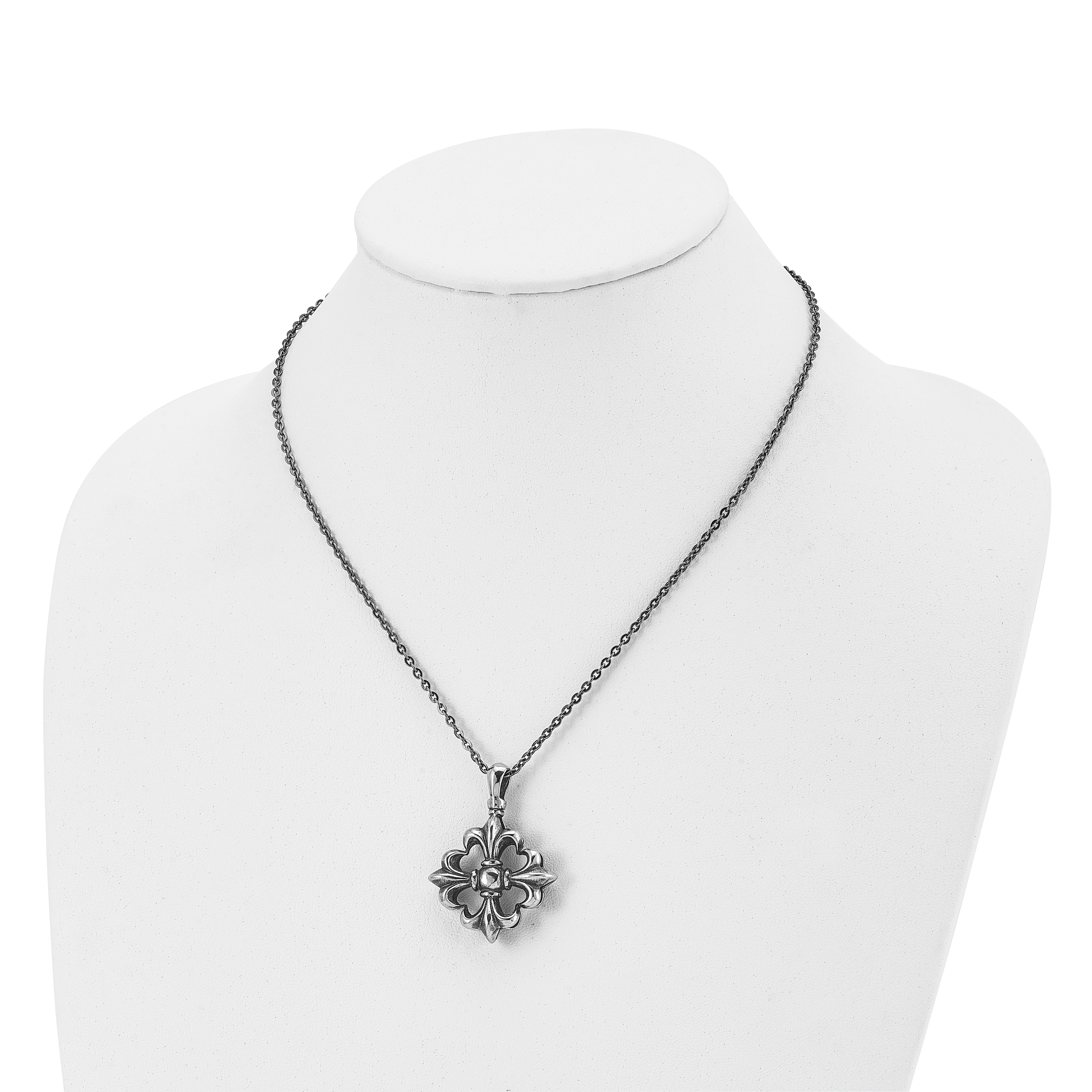 Stainless Steel Antiqued and Polished Fleur de lis 18in Necklace