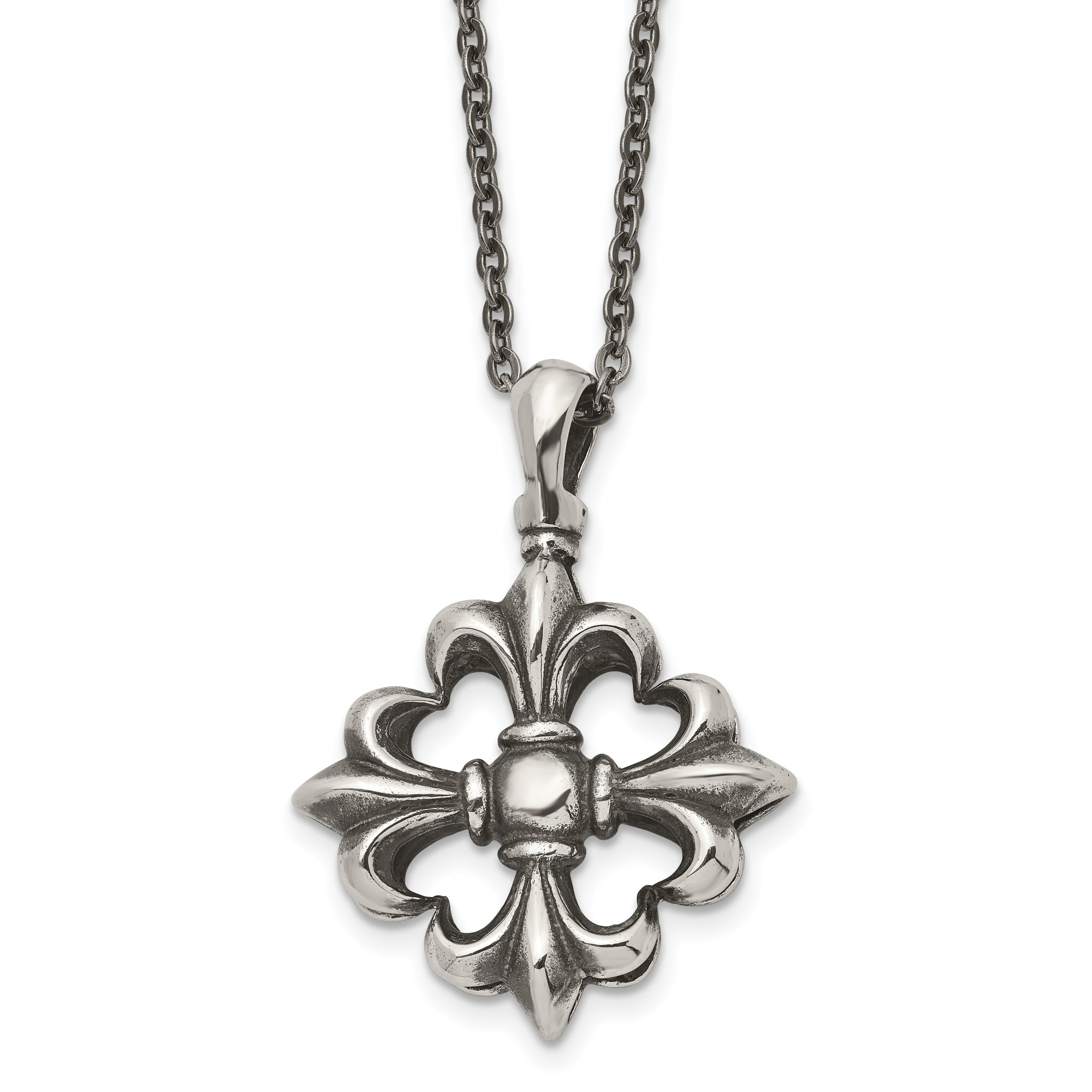 Stainless Steel Antiqued and Polished Fleur de lis 18in Necklace