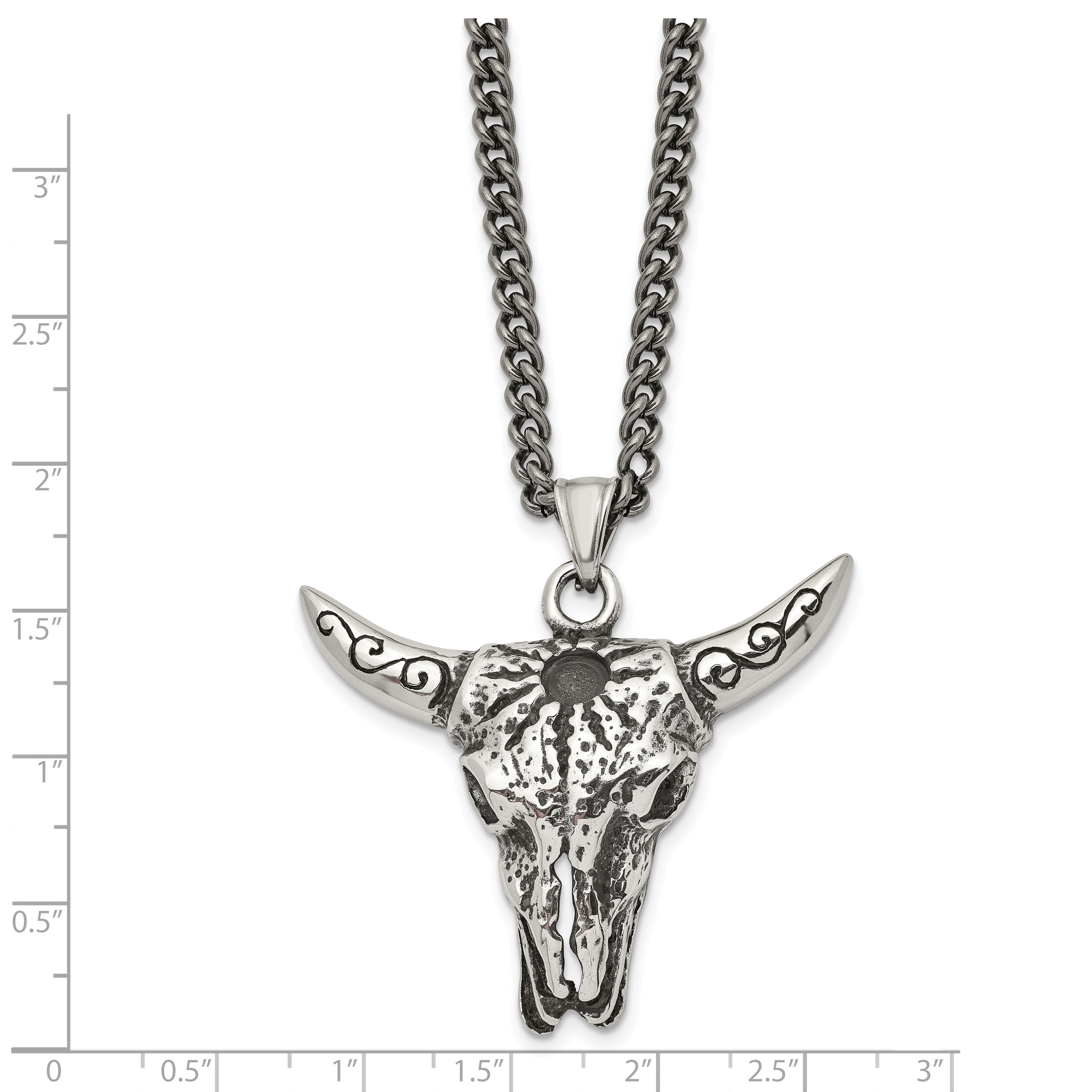 Chisel Stainless Steel Antiqued Polished and Textured Bull Skull Pendant on a 20 inch Curb Chain Necklace