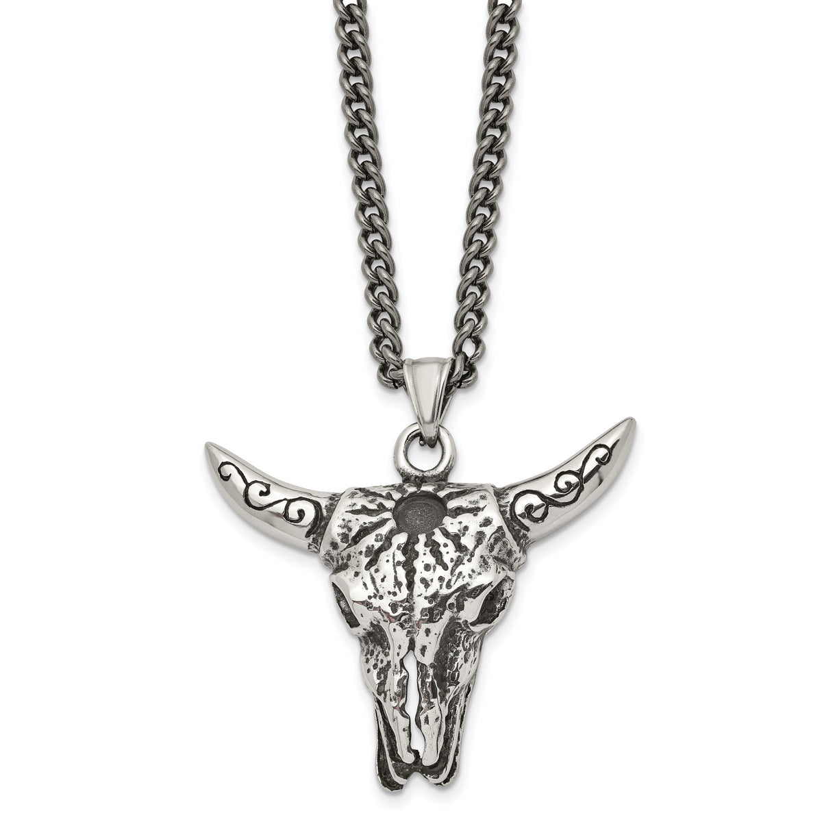 Chisel Stainless Steel Antiqued Polished and Textured Bull Skull Pendant on a 20 inch Curb Chain Necklace