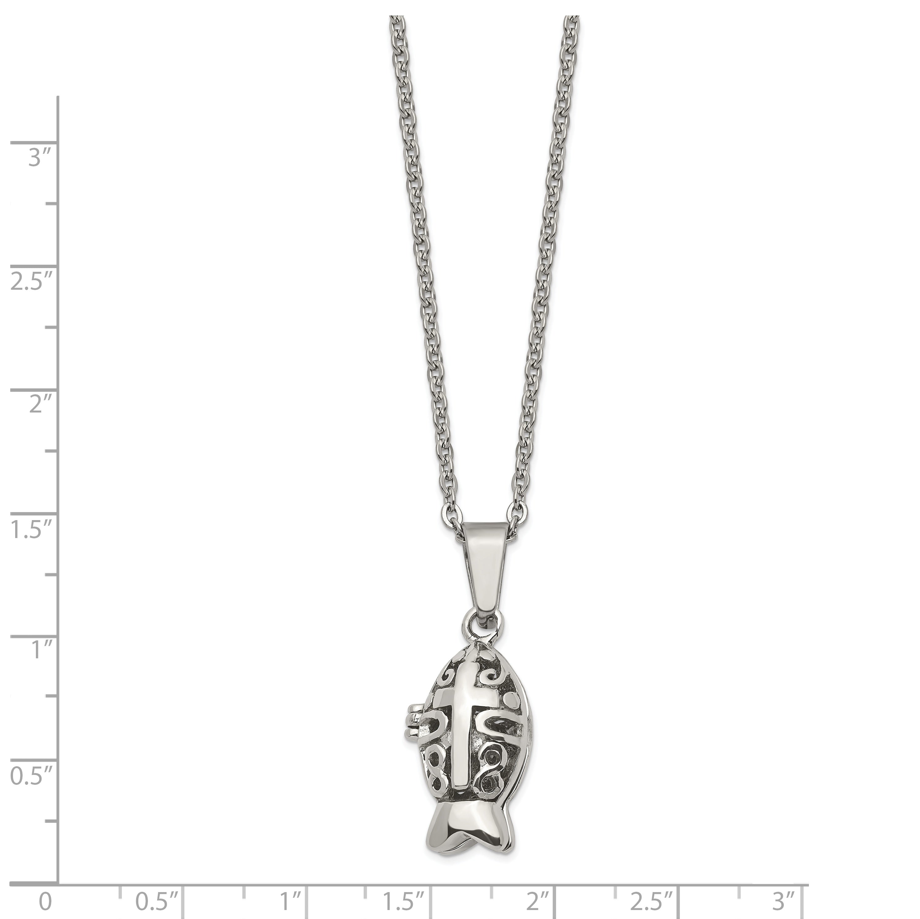 Chisel Stainless Steel Polished and Antiqued Magnetic Fish Prayer Box on an 18 inch Cable Chain Necklace