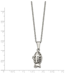 Chisel Stainless Steel Polished and Antiqued Magnetic Fish Prayer Box on an 18 inch Cable Chain Necklace