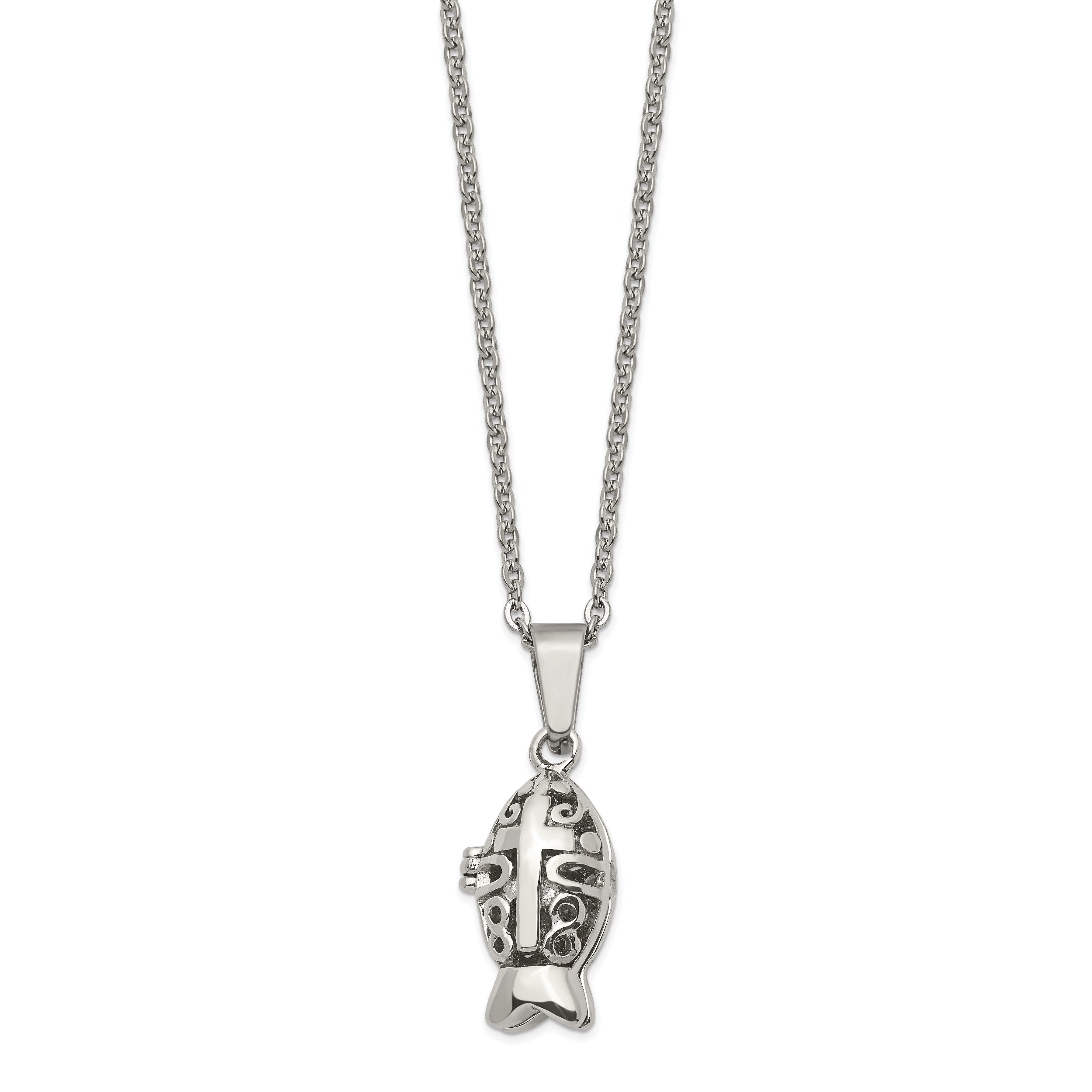 Chisel Stainless Steel Polished and Antiqued Magnetic Fish Prayer Box on an 18 inch Cable Chain Necklace