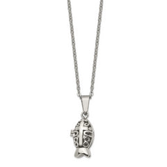 Chisel Stainless Steel Polished and Antiqued Magnetic Fish Prayer Box on an 18 inch Cable Chain Necklace