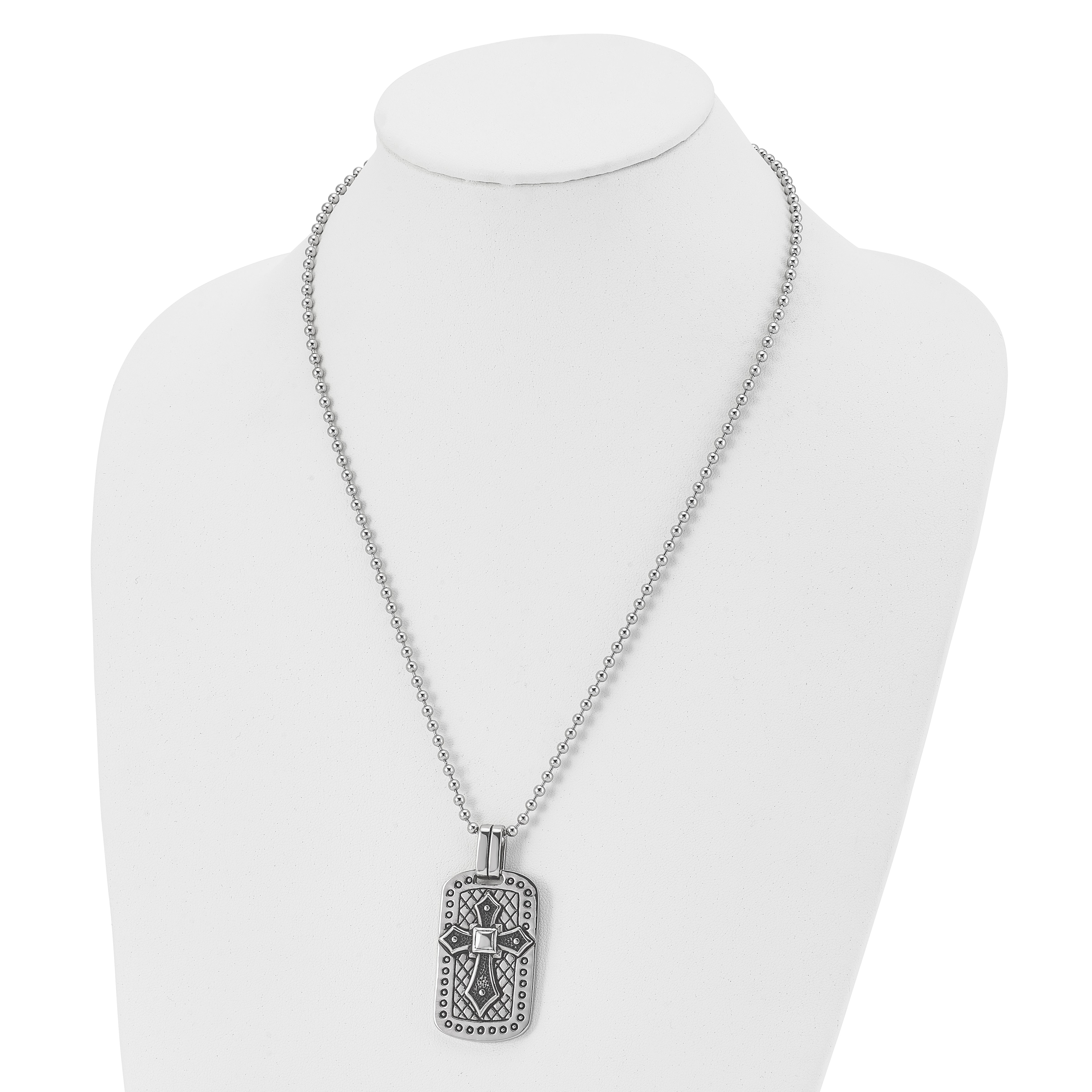 Stainless Steel Antiqued and Polished Cross Dog Tag 22in Necklace