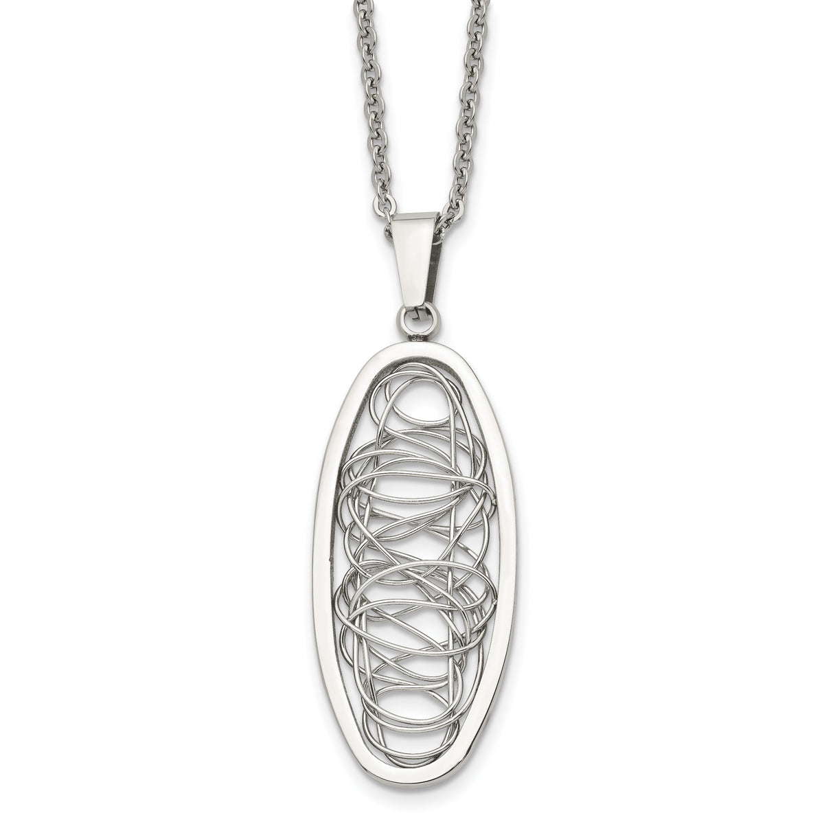 Stainless Steel Polished Wire Designed Oval 18in Necklace