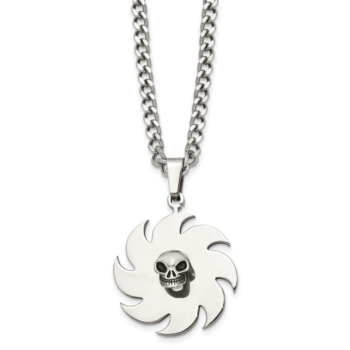 Stainless Steel Polished w/Black Enamel Saw Blade with Skull 24in Necklace