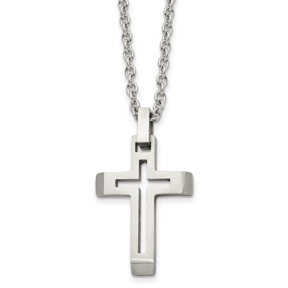 Chisel Stainless Steel Brushed and Polished Cut-out Cross Pendant on a 20 inch Cable Chain Necklace