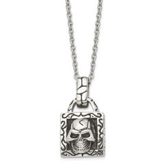 Stainless Steel Antiqued and Polished Skull 22in Necklace