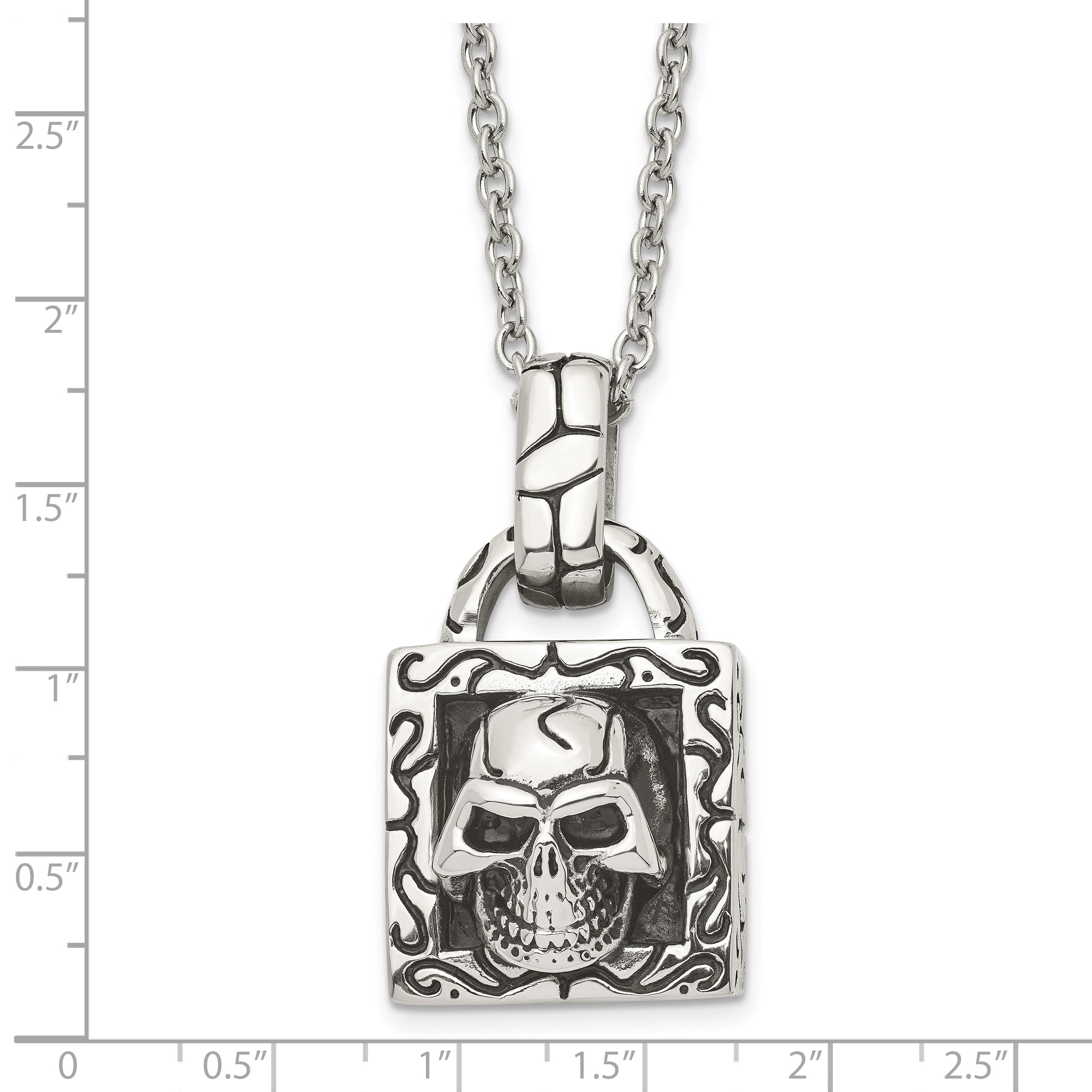 Stainless Steel Antiqued and Polished Skull 22in Necklace