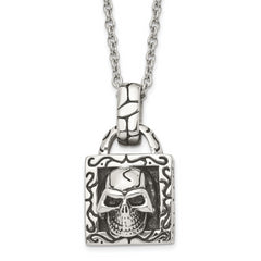 Stainless Steel Antiqued and Polished Skull 22in Necklace