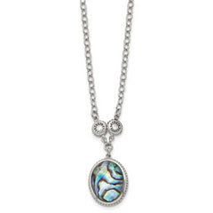 Stainless Steel Antiqued & Polished Imit. Abalone/CZ w/1.5in ext Necklace