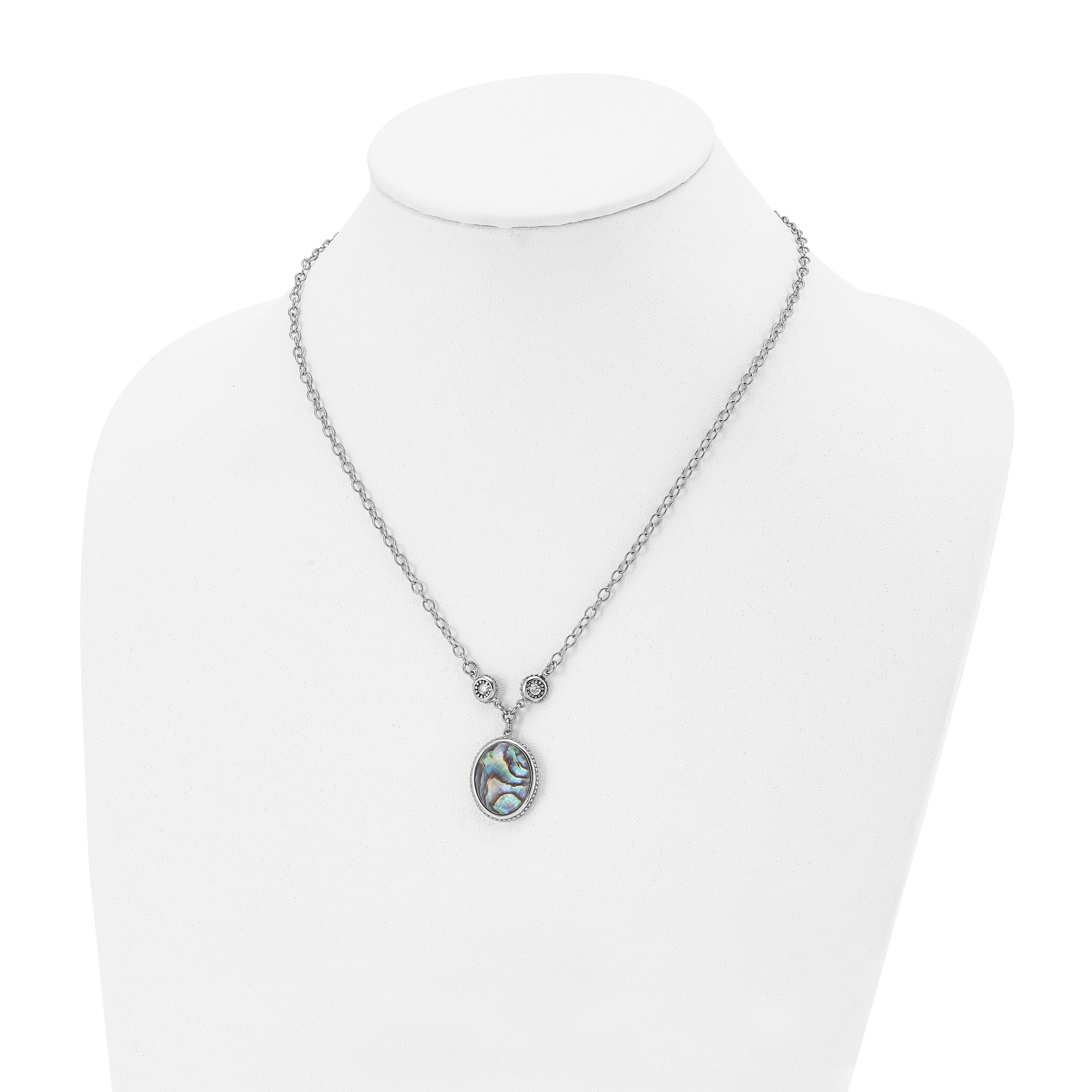 Stainless Steel Antiqued & Polished Imit. Abalone/CZ w/1.5in ext Necklace