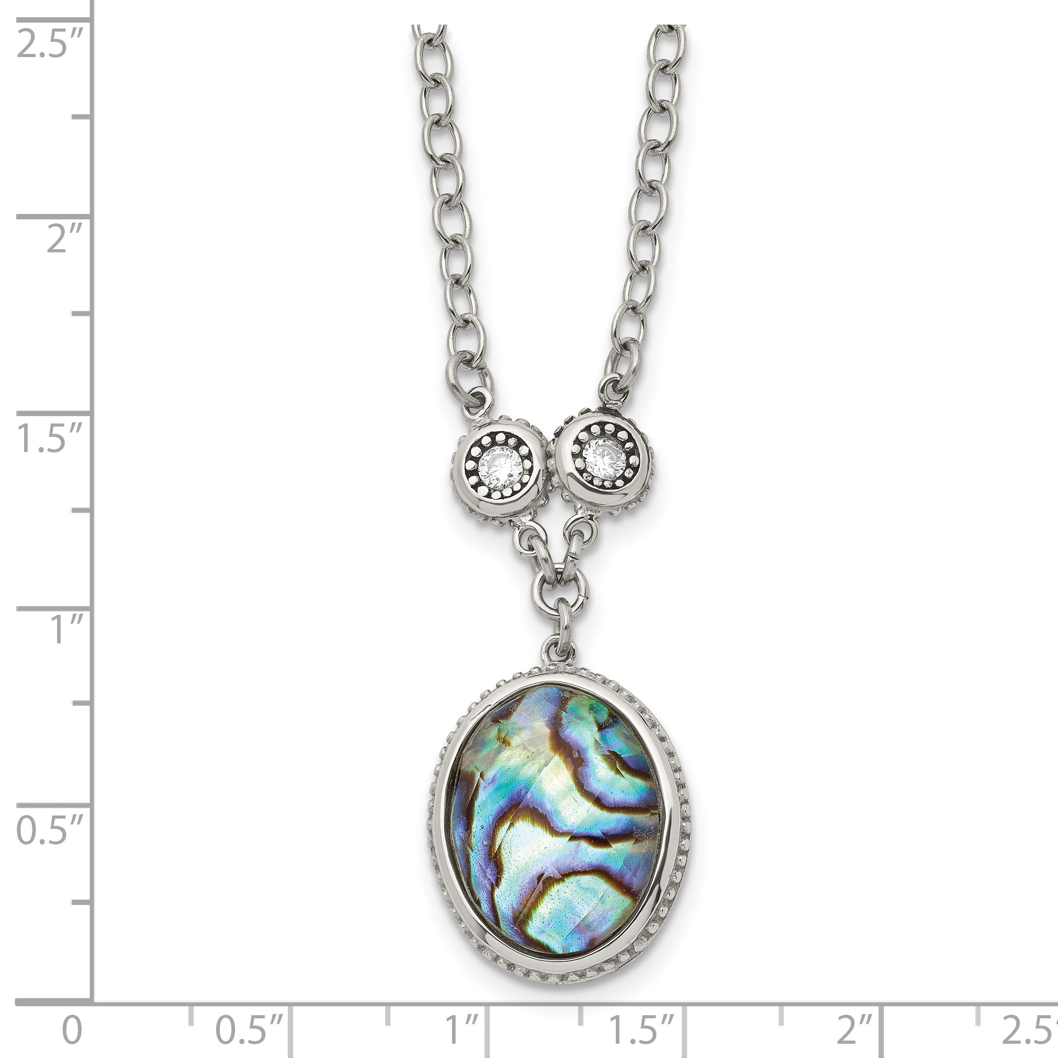 Stainless Steel Antiqued & Polished Imit. Abalone/CZ w/1.5in ext Necklace