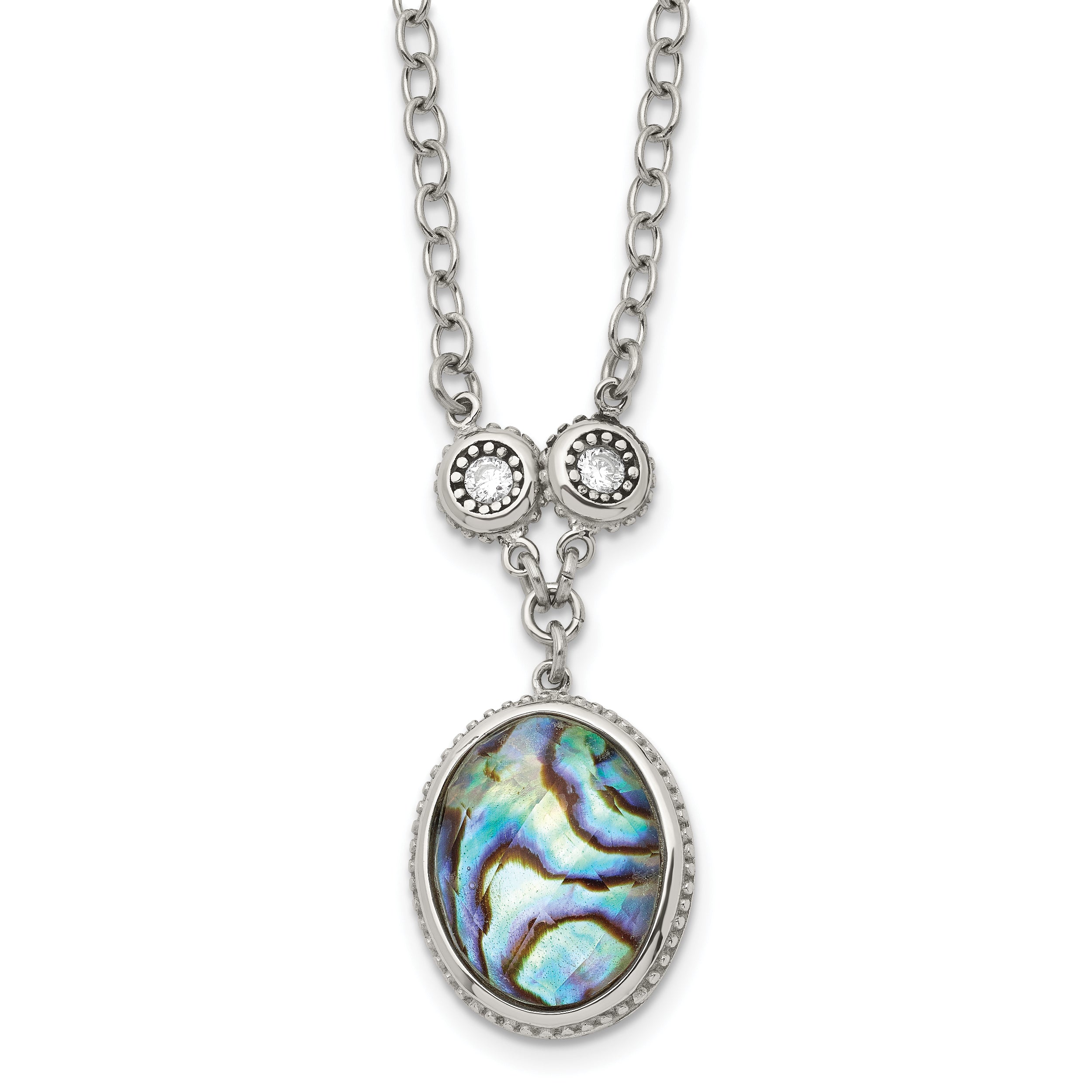 Stainless Steel Antiqued & Polished Imit. Abalone/CZ w/1.5in ext Necklace