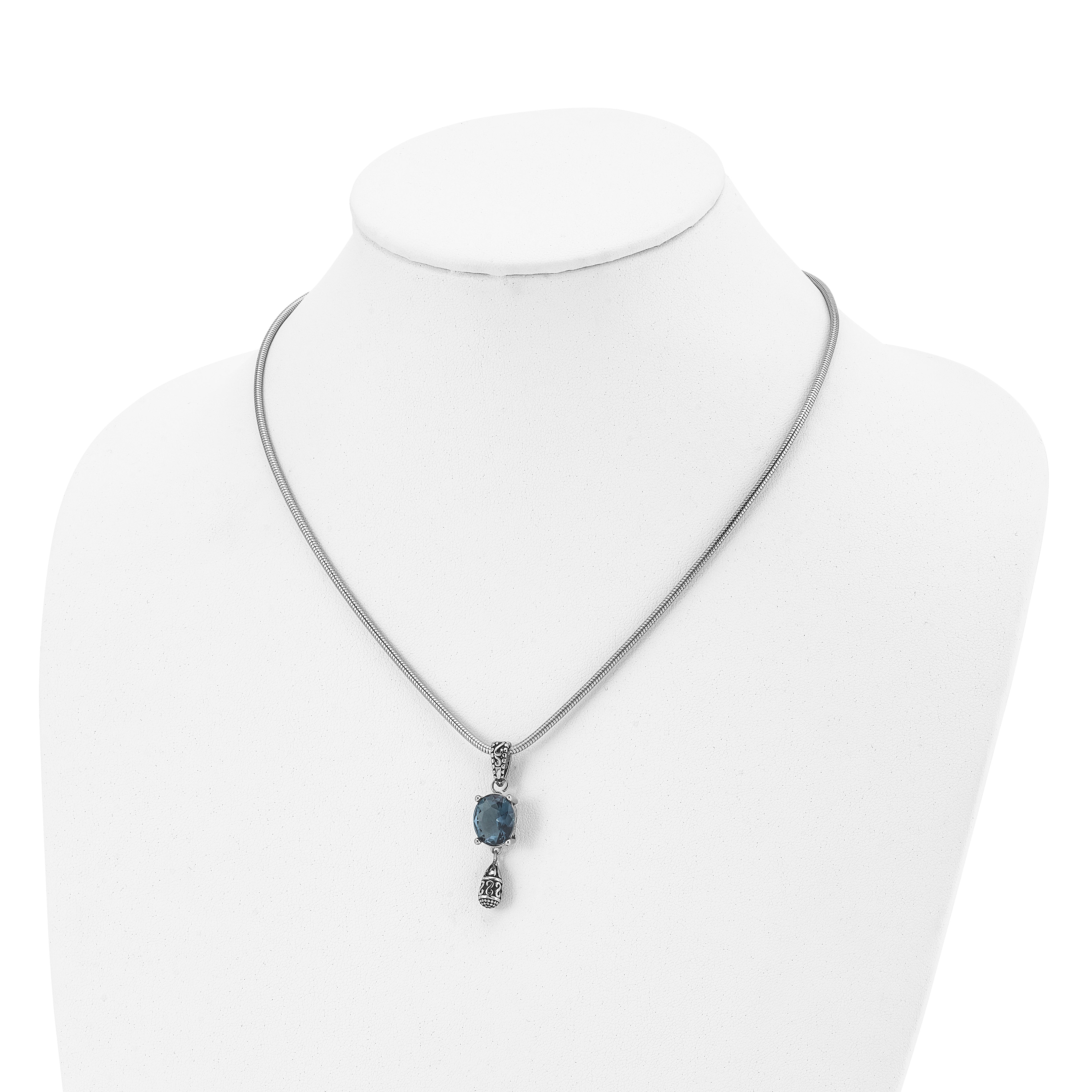 Stainless Steel Antiqued & Polished Blue Glass 18.5in w/2 in ext. Necklace