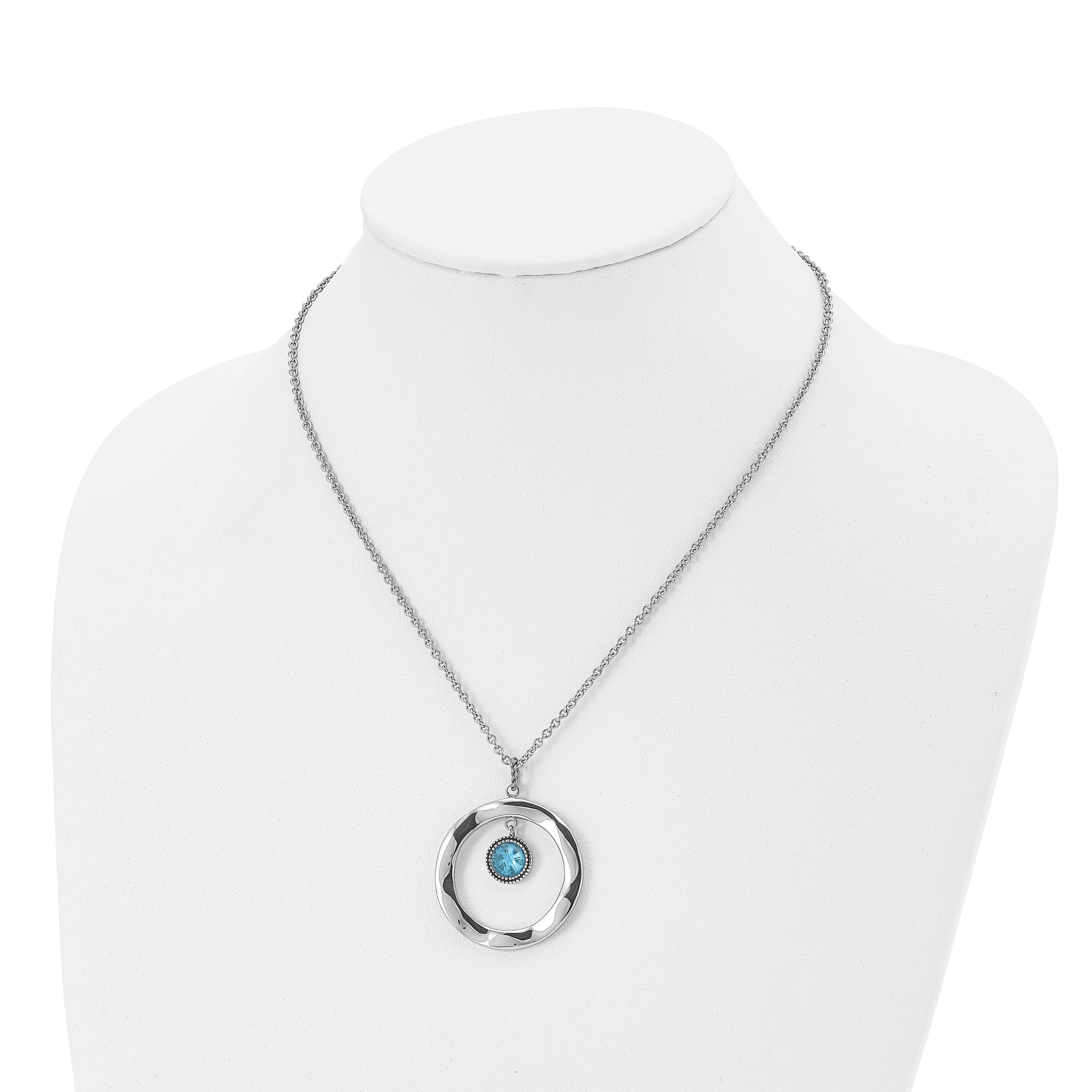 Stainless Steel Polished Blue Glass Circle 18in w/ 2in ext Necklace