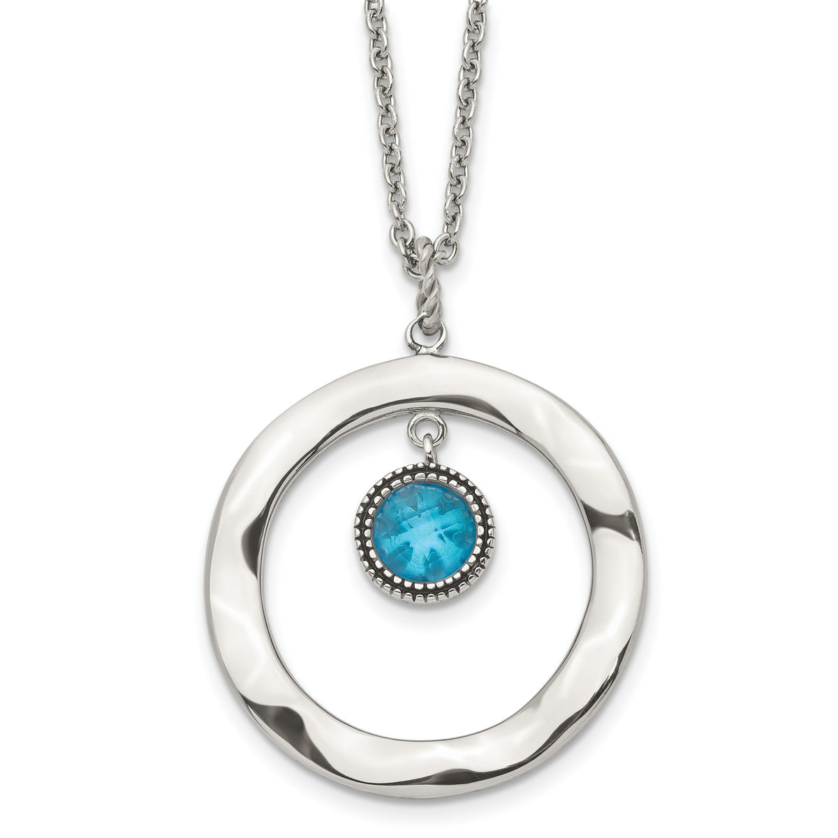 Stainless Steel Polished Blue Glass Circle 18in w/ 2in ext Necklace