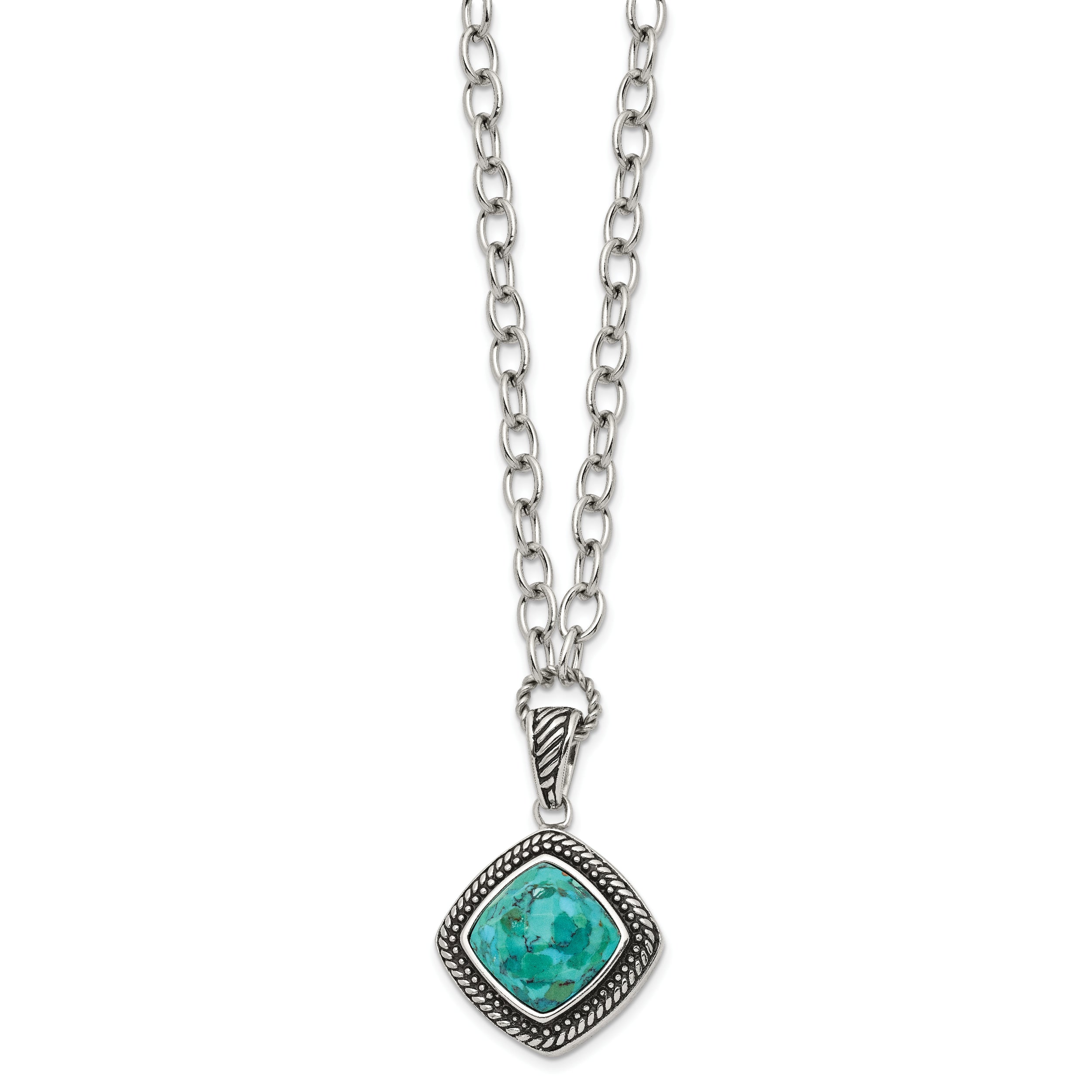 Chisel Stainless Steel Antiqued and Polished Imitation Turquoise Pendant on a 20.5 inch Open Link Chain Necklace