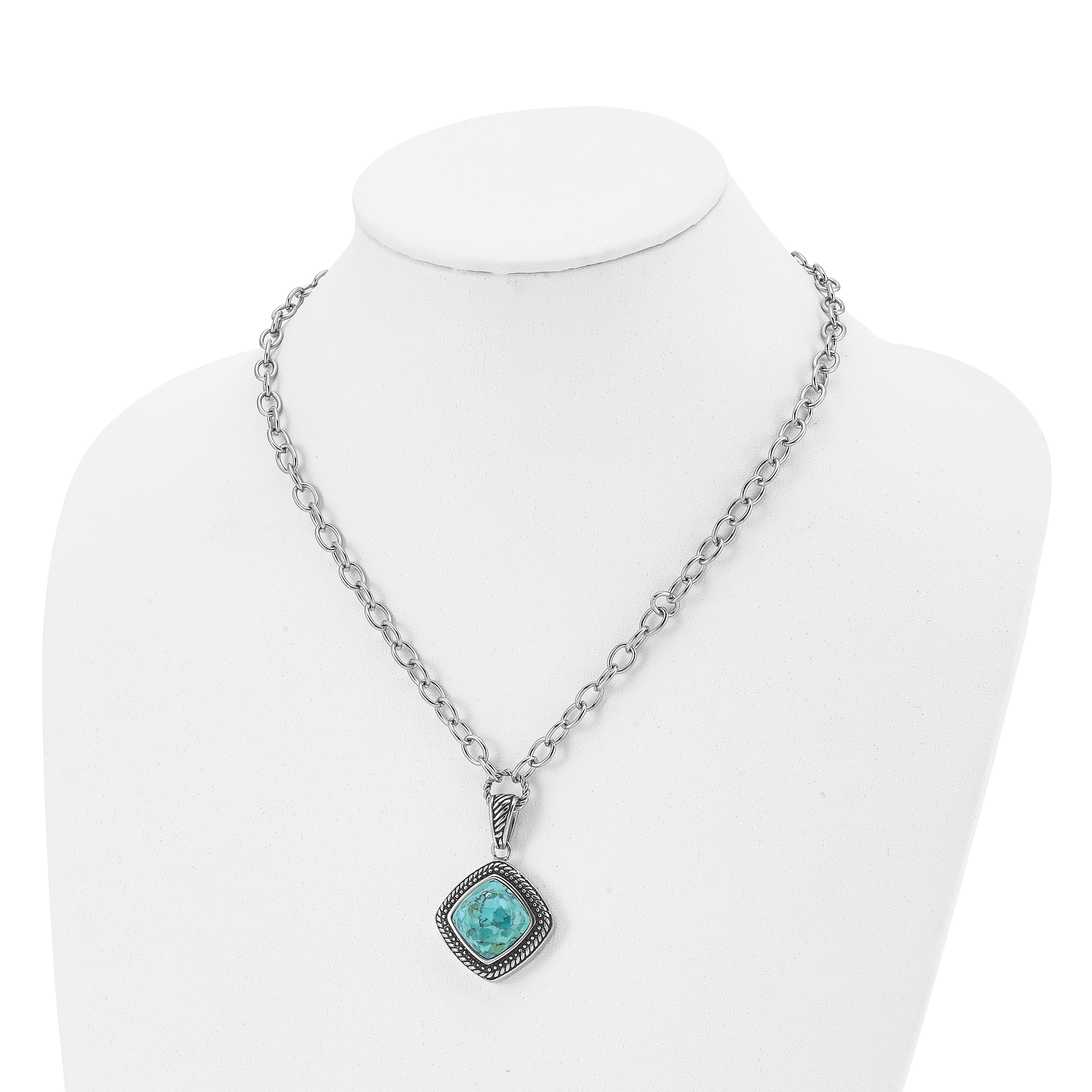 Chisel Stainless Steel Antiqued and Polished Imitation Turquoise Pendant on a 20.5 inch Open Link Chain Necklace