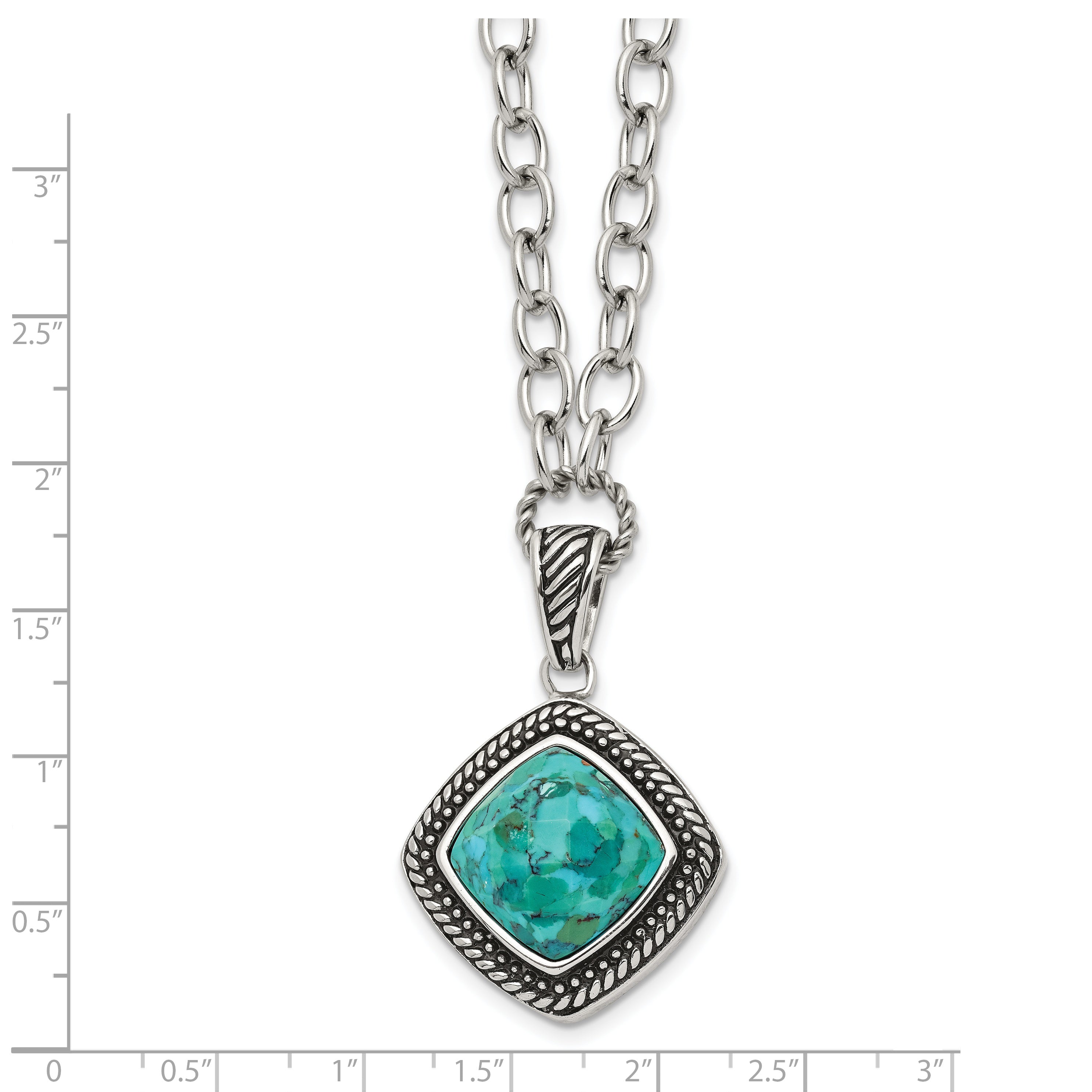 Chisel Stainless Steel Antiqued and Polished Imitation Turquoise Pendant on a 20.5 inch Open Link Chain Necklace