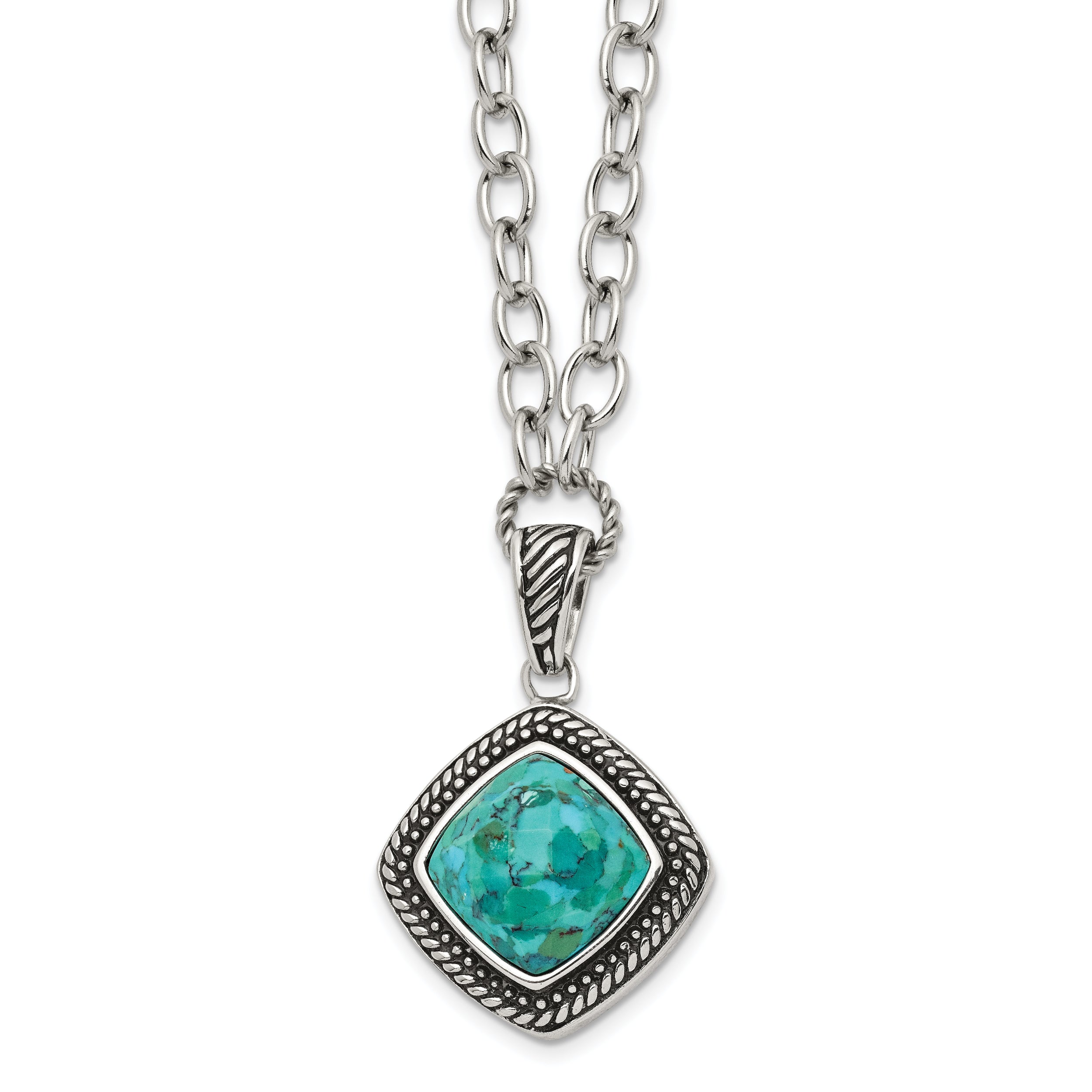 Chisel Stainless Steel Antiqued and Polished Imitation Turquoise Pendant on a 20.5 inch Open Link Chain Necklace