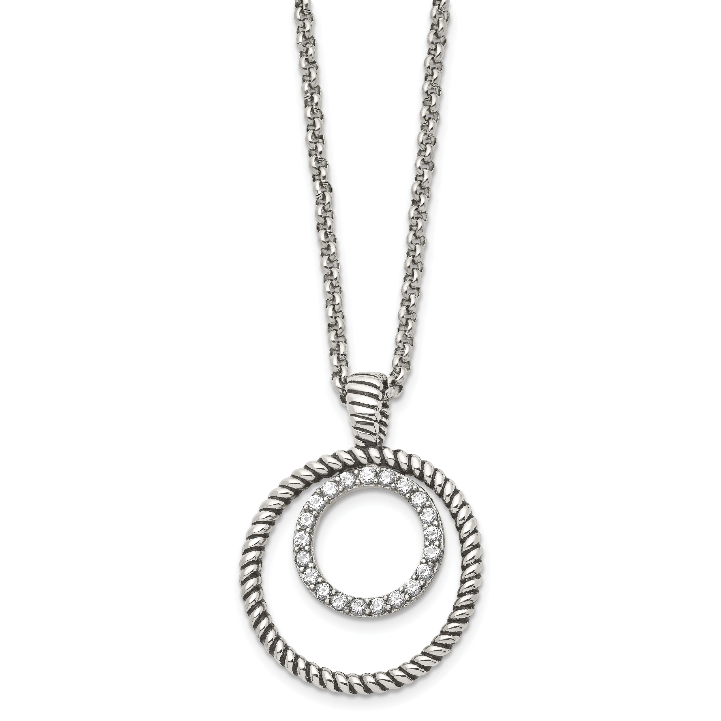 Stainless Steel Antiqued Polished & Textured w/CZ Circle 18in Necklace