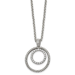 Stainless Steel Antiqued Polished & Textured w/CZ Circle 18in Necklace