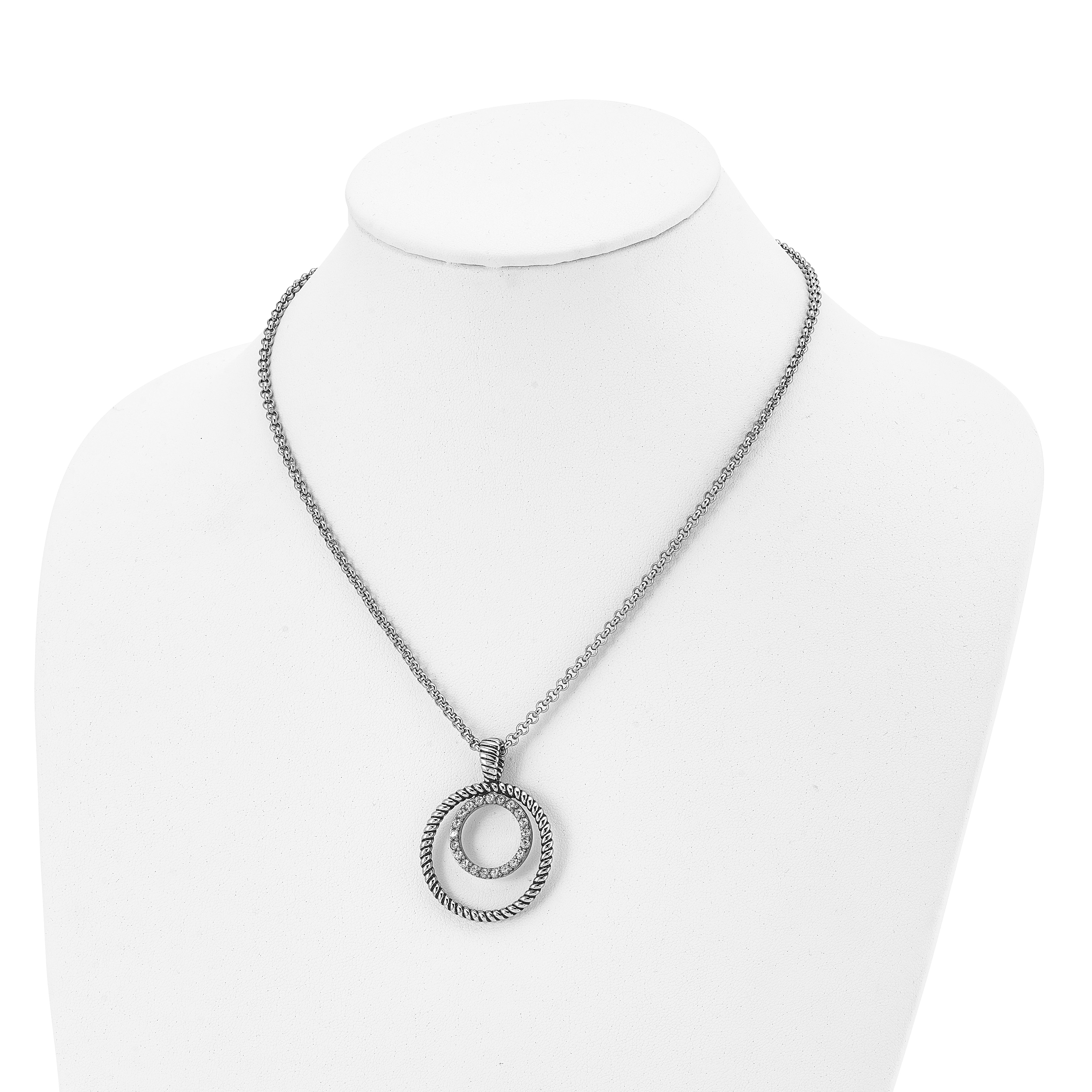 Stainless Steel Antiqued Polished & Textured w/CZ Circle 18in Necklace