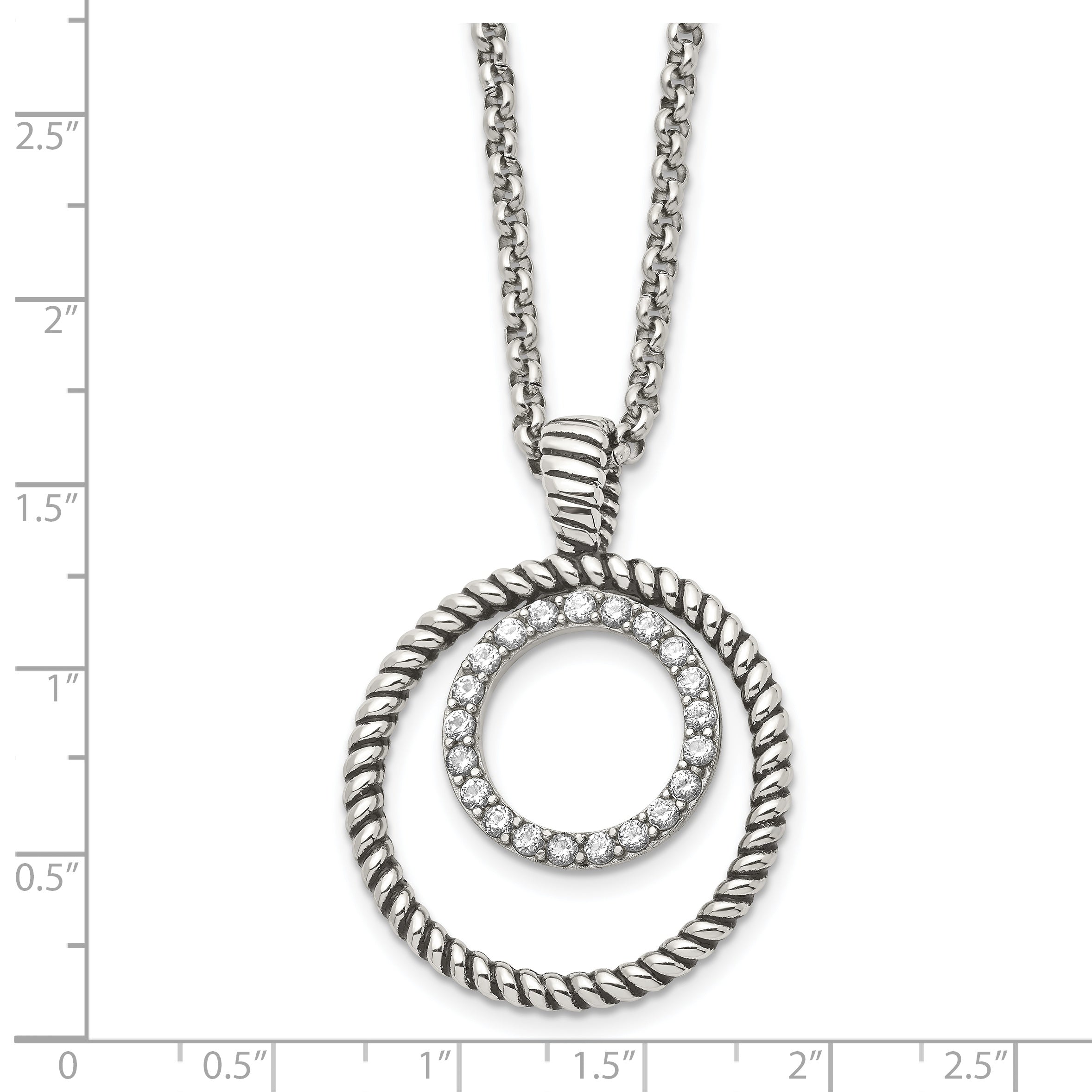 Stainless Steel Antiqued Polished & Textured w/CZ Circle 18in Necklace