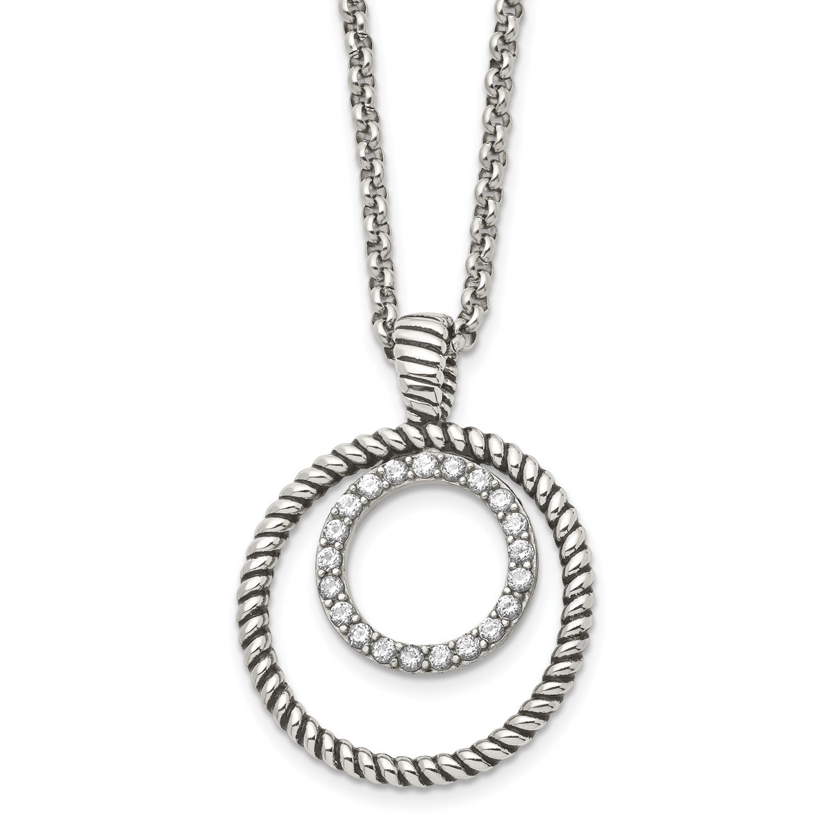 Stainless Steel Antiqued Polished & Textured w/CZ Circle 18in Necklace