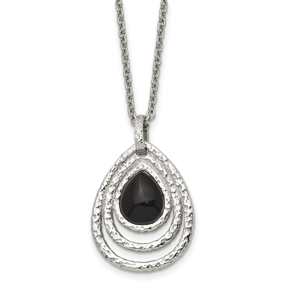 Chisel Stainless Steel Polished and Textured Black Onyx Pendant on an 18 inch Cable Chain with a 2 inch Extension Necklace