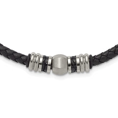 Chisel Stainless Steel Brushed and Polished Black Leather and Rubber 19 inch Necklace