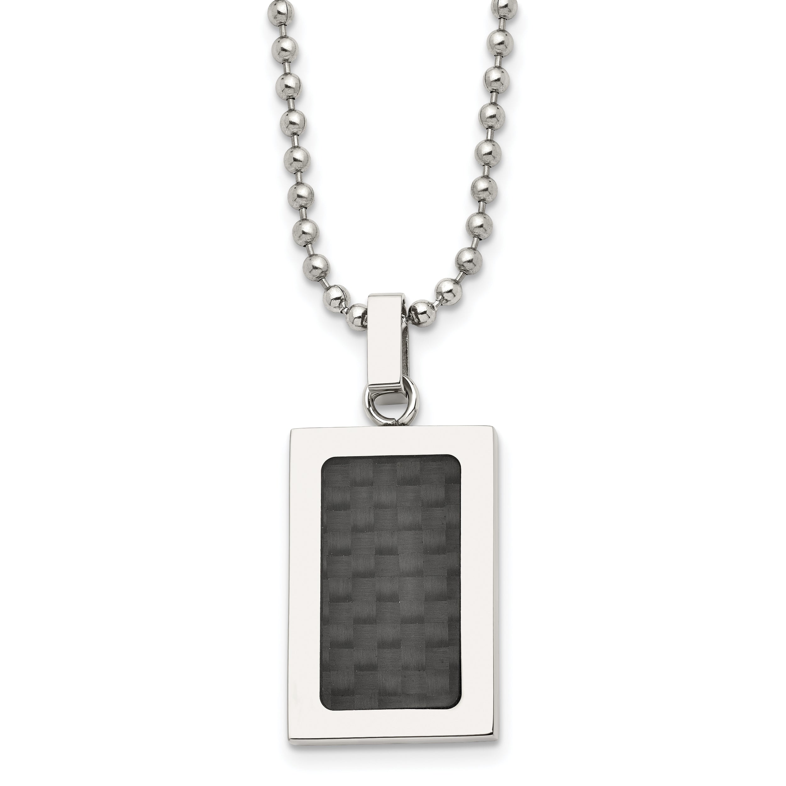 Stainless Steel 22in Polished w/Black Carbon Fiber Inlay Rectangle Necklac