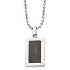 Stainless Steel 22in Polished w/Black Carbon Fiber Inlay Rectangle Necklac