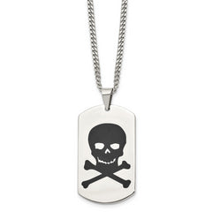 Stainless Steel Polished Black Enamel Skull Dog Tag 22in Necklace