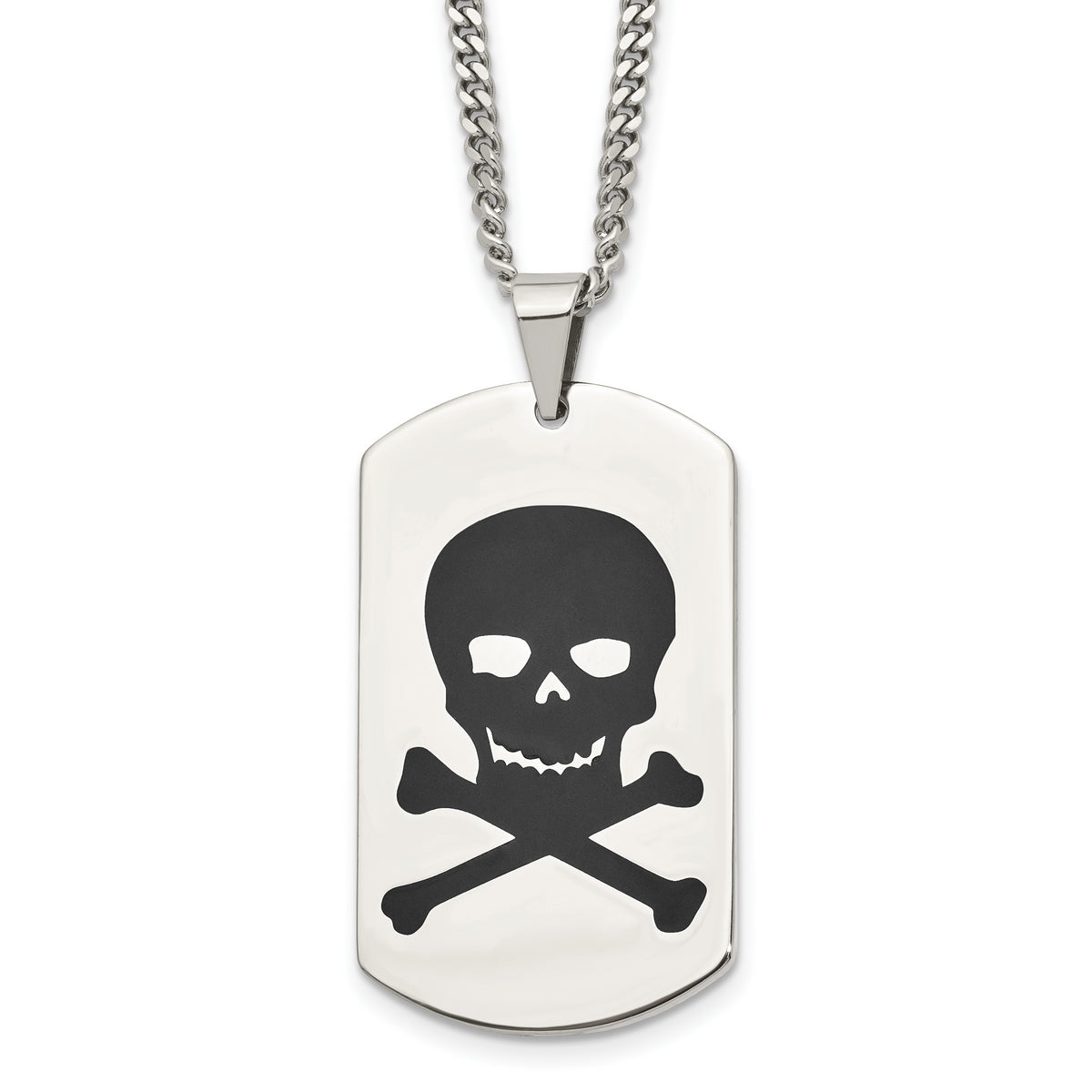 Stainless Steel Polished Black Enamel Skull Dog Tag 22in Necklace