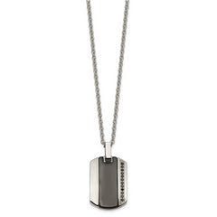 Stainless Steel Polished w/Black Ceramic Inlay & CZ Dog Tag 20in Necklace