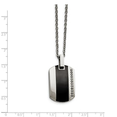 Stainless Steel Polished w/Black Ceramic Inlay & CZ Dog Tag 20in Necklace