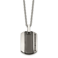 Stainless Steel Polished w/Black Ceramic Inlay & CZ Dog Tag 20in Necklace