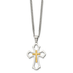 Chisel Stainless Steel Brushed and Polished Yellow IP-plated Cross Pendant on a 22 inch Curb Chain Necklace