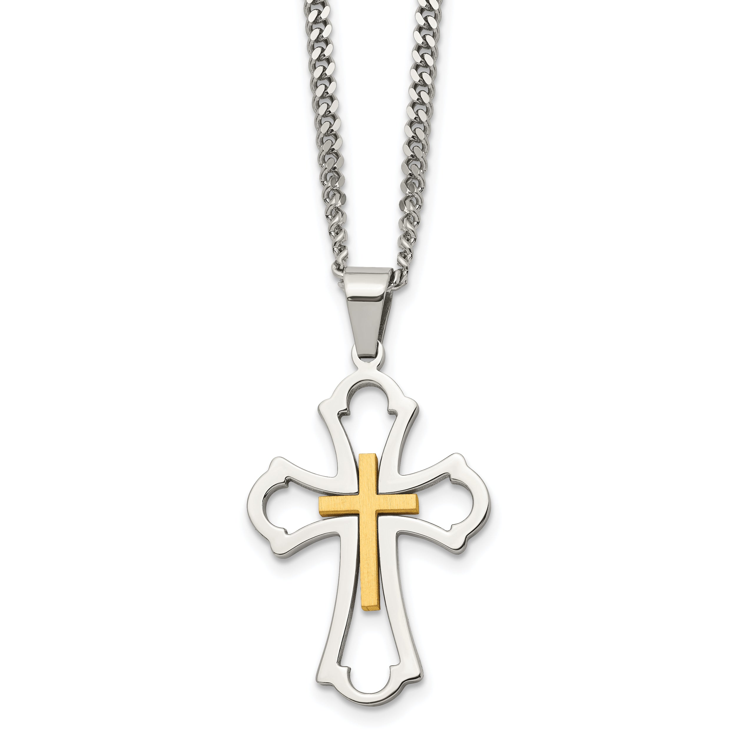 Chisel Stainless Steel Brushed and Polished Yellow IP-plated Cross Pendant on a 22 inch Curb Chain Necklace