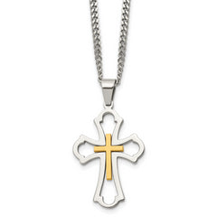 Chisel Stainless Steel Brushed and Polished Yellow IP-plated Cross Pendant on a 22 inch Curb Chain Necklace